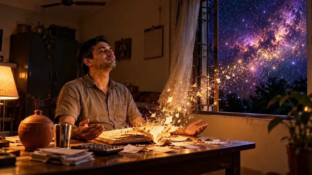 A man at his desk letting old papers dissolve into light