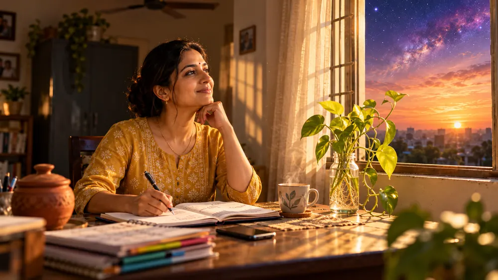 A woman journaling calmly by a window at sunset
